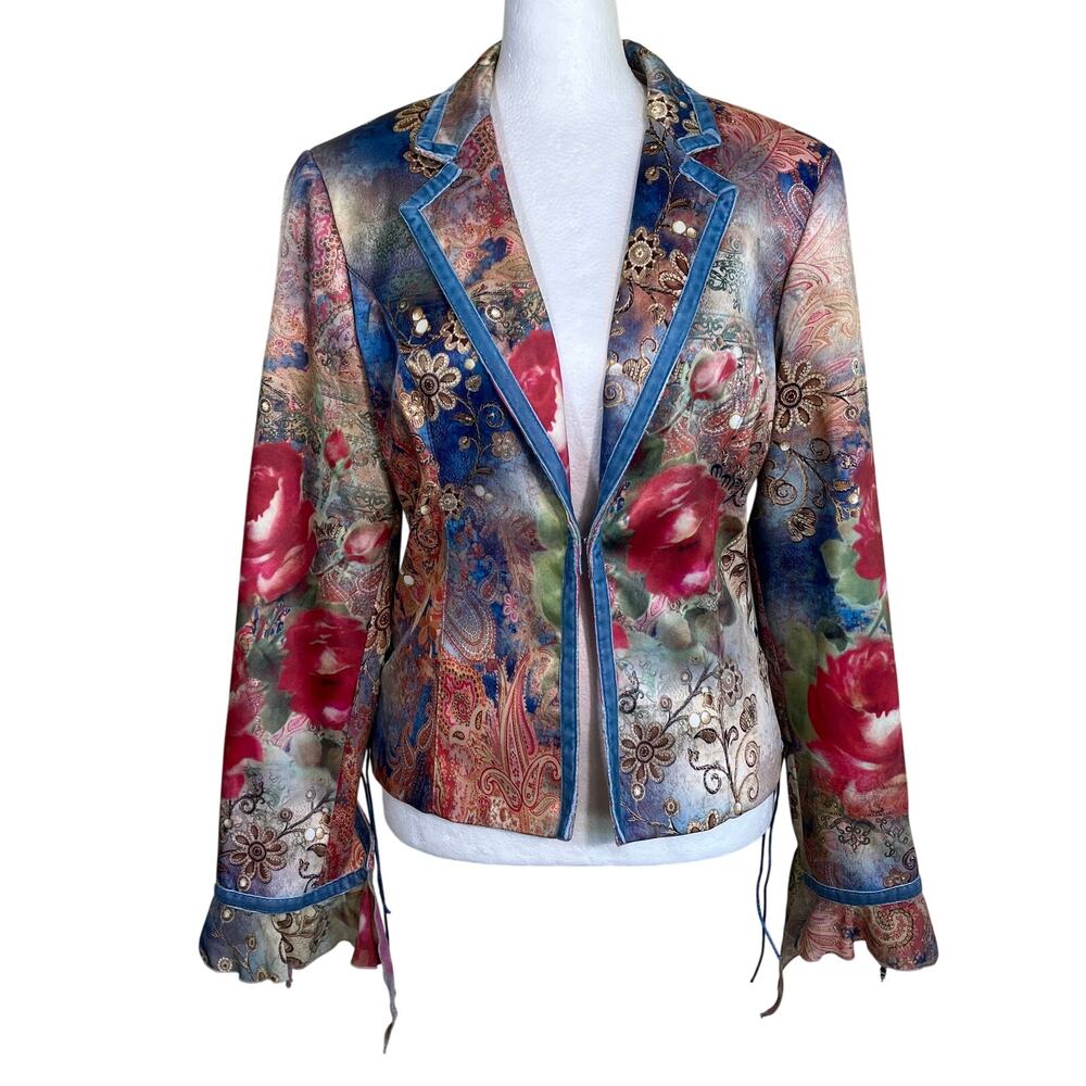 BOHO CHIC Sz 8 Whimsygoth Fairycore Satin Blazer Lace-up Details Velvet Trims